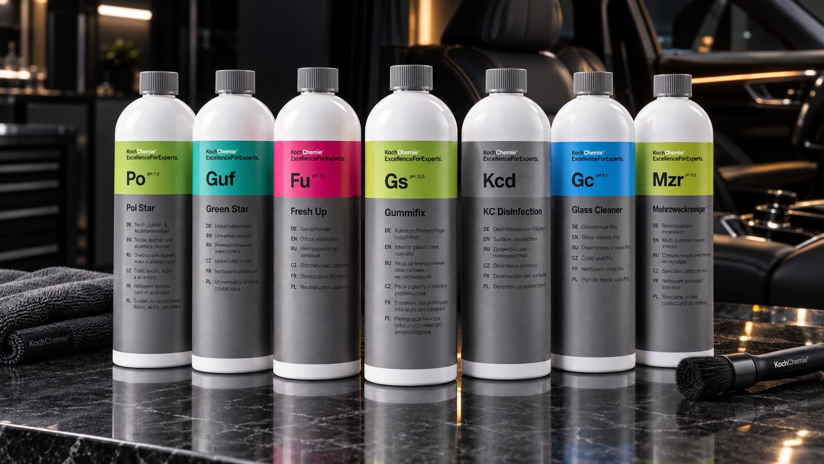 Koch Chemie Produktsortiment von WiMo Detailing: Pol Star, Green Star, Fresh Up, Gummifix, KC Disinfection, Glass Cleaner und Mehrzweckreiniger